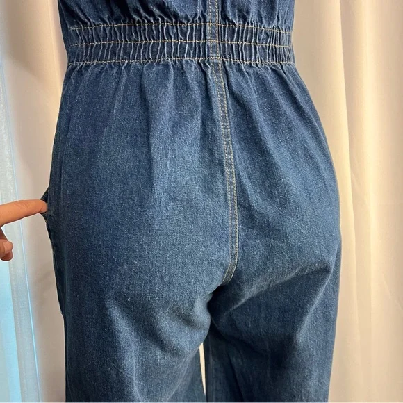 1970s Denim Jumpsuit Collared With Pockets Wide Leg Stretch Waist No Size C Pics - Picture 2 of 16